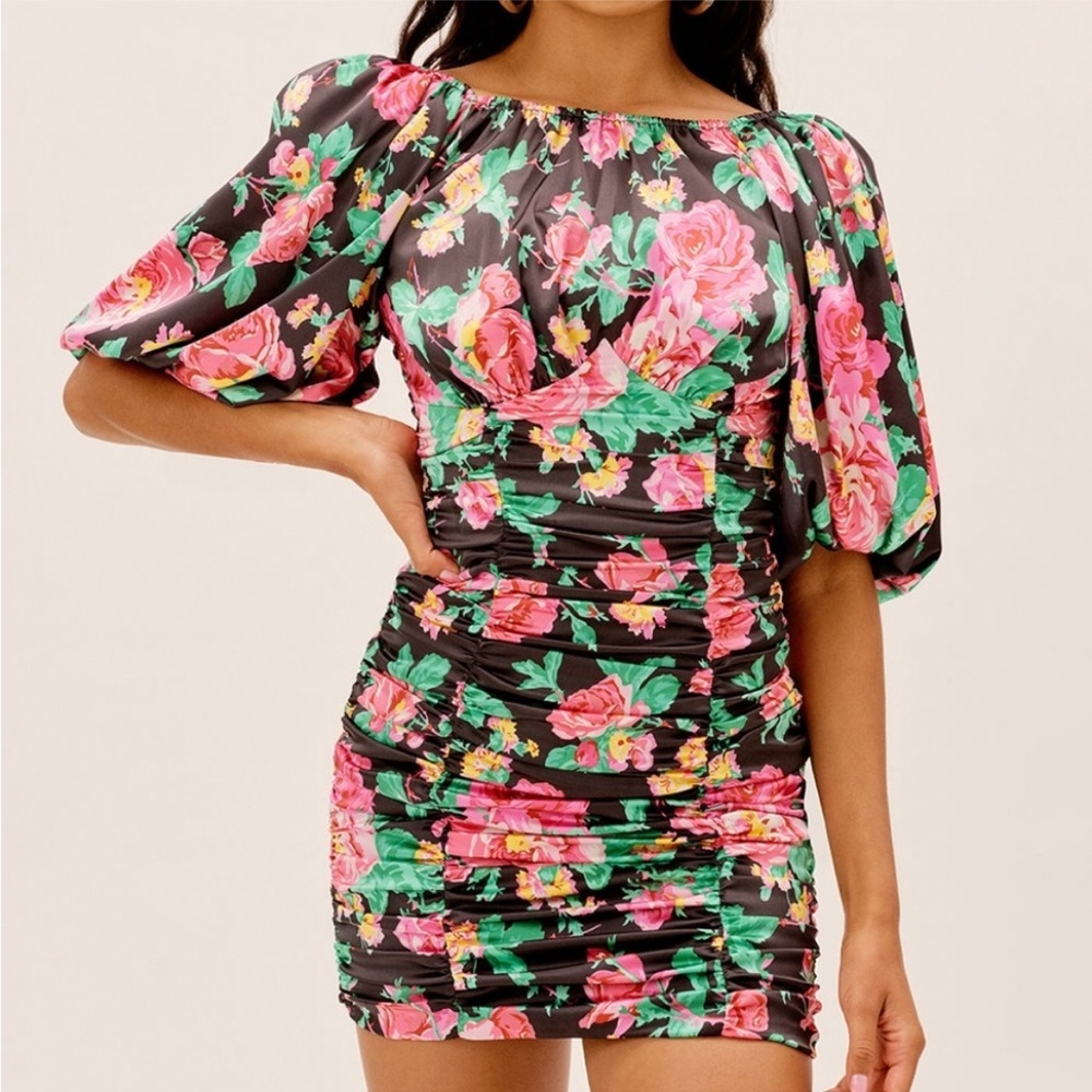 For Love and Lemons Jolie Mini Dress, Ruched Floral Print, Balloon Sleeve